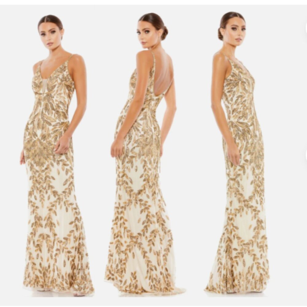 MAC DUGGAL 5107 EMBELLISHED LEAF GOLD/NUDE EVENING GOWN sz 12